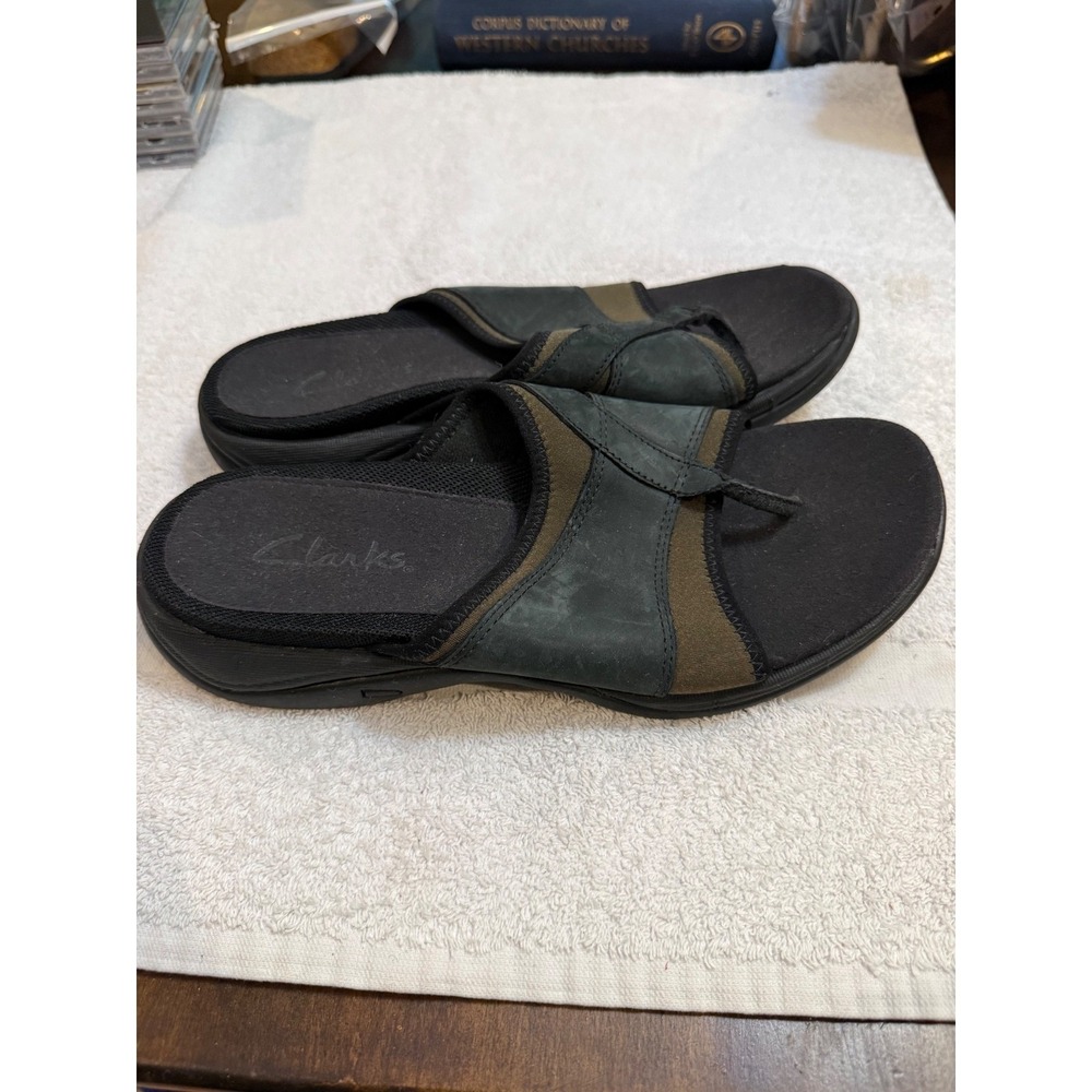 Clarks Springers Womens 8M Black Olive Green Leather Slide Sandals Flip Flops